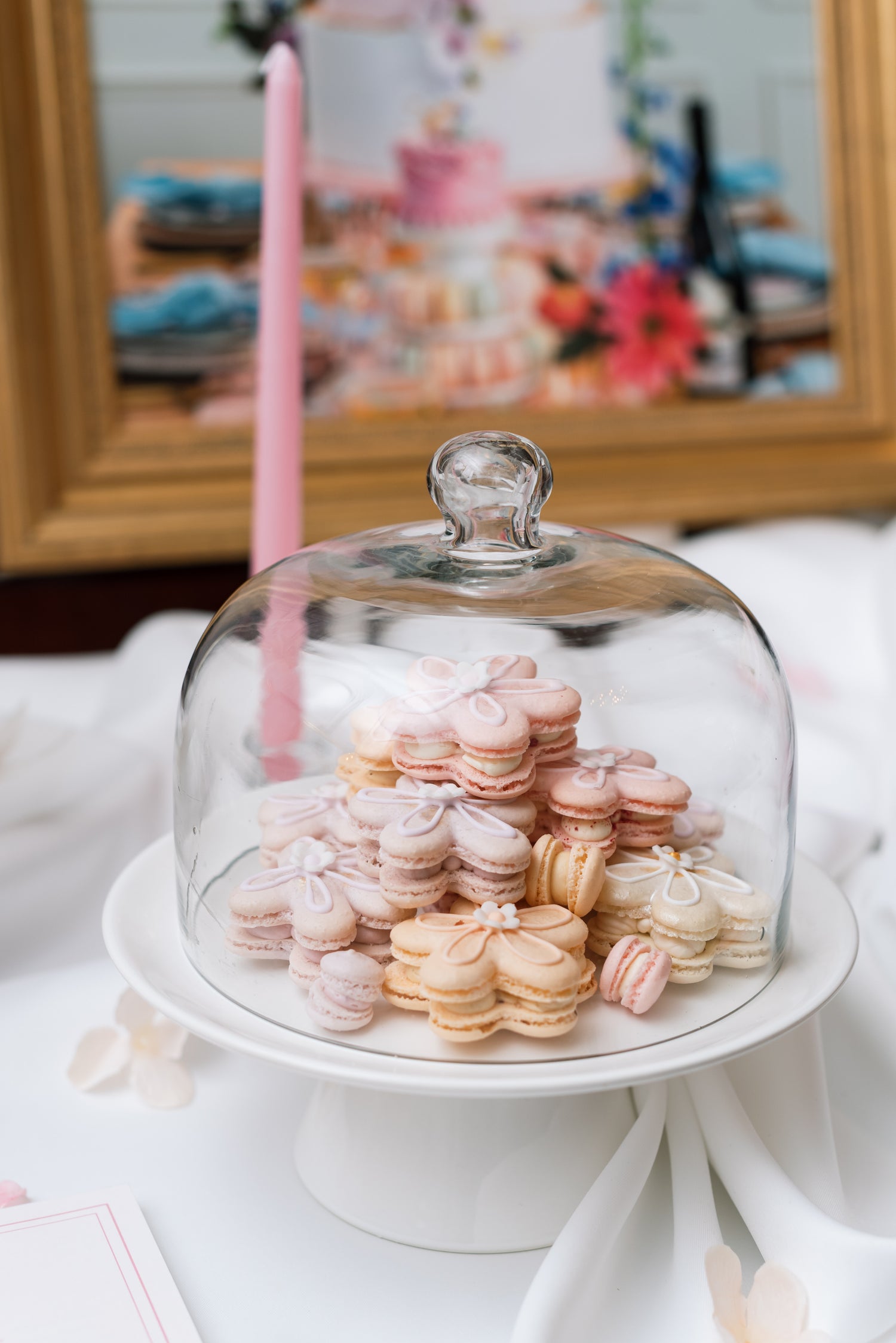 custom flower shaped macarons for wedding sweet table by Sugar Nursery