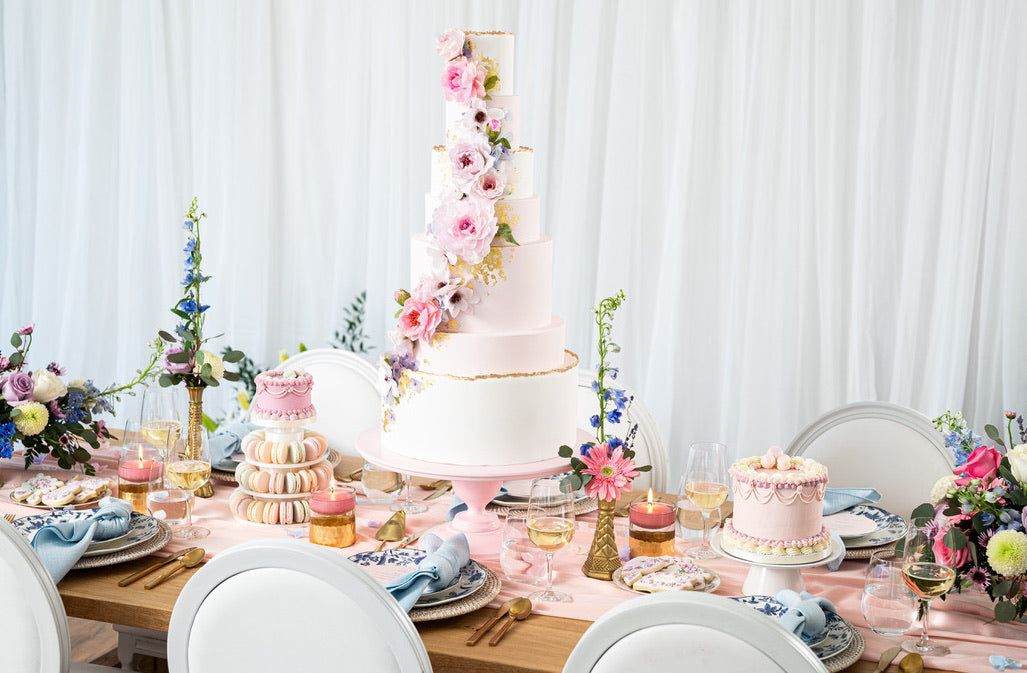 sweet table by sugar nursery with custom cake, cookies, macarons pink flowers