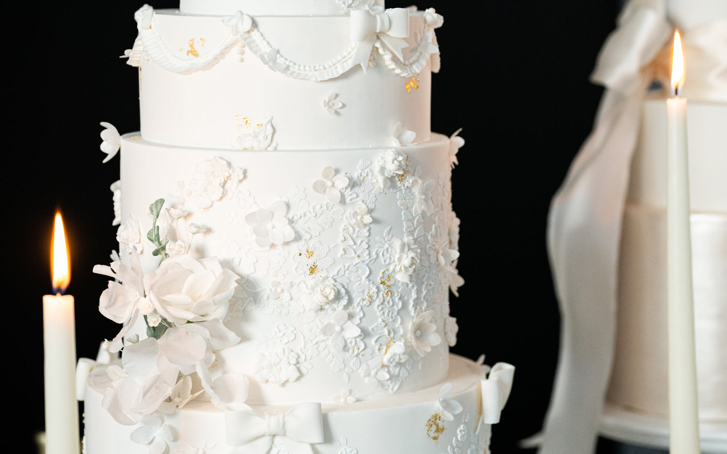 sugar nursery wedding cake in classic theme with lace and wafer paper flowers